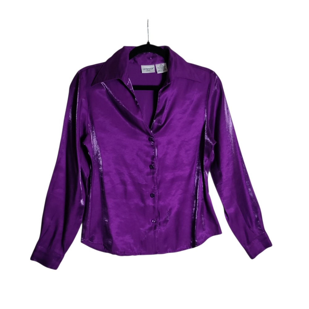 Liz Baker Petite Purple Shimmer Long Sleeve Button Down Blouse Shirt 6P RN 93877